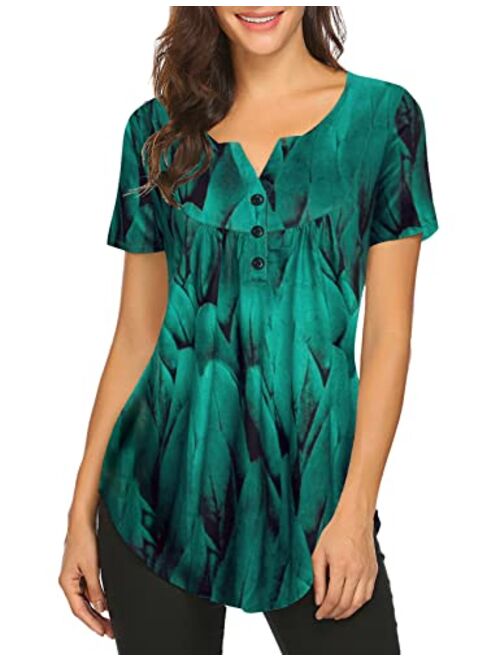 Women's Floral Printed Short Sleeve Henley V Neck T-Shirt Pleated Casual Flowy Tunic Blouse Tops