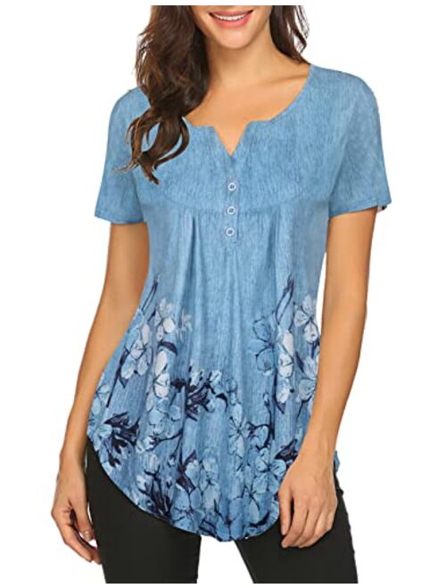 Women's Floral Printed Short Sleeve Henley V Neck T-Shirt Pleated Casual Flowy Tunic Blouse Tops