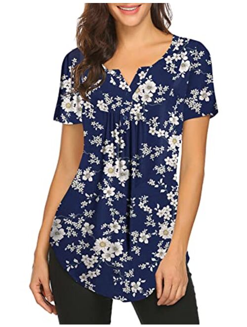 Women's Floral Printed Short Sleeve Henley V Neck T-Shirt Pleated Casual Flowy Tunic Blouse Tops