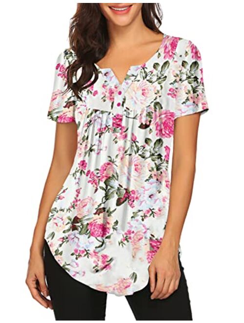 Women's Floral Printed Short Sleeve Henley V Neck T-Shirt Pleated Casual Flowy Tunic Blouse Tops