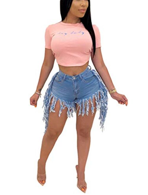 LaiyiVic Women's Denim Shorts High Waisted Frayed Raw Hem Ripped Short Jeans