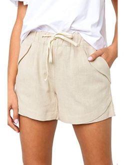 Womens Casual Shorts Summer Drawstring Elastic Waist Comfy Pure Color Short with Pockets