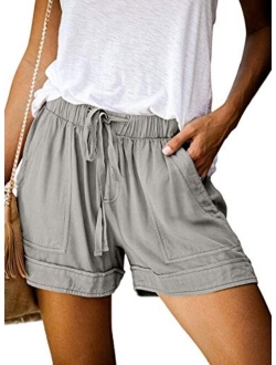 Womens Casual Shorts Summer Drawstring Elastic Waist Comfy Pure Color Short with Pockets