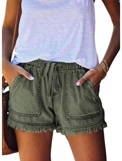 Womens Casual Shorts Summer Drawstring Elastic Waist Comfy Pure Color Short with Pockets