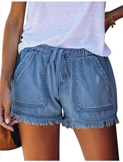 Womens Casual Shorts Summer Drawstring Elastic Waist Comfy Pure Color Short with Pockets