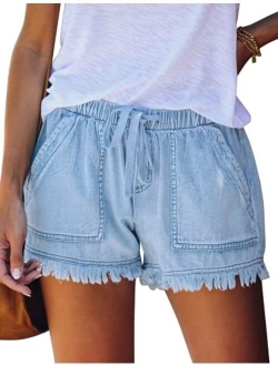 Womens Casual Shorts Summer Drawstring Elastic Waist Comfy Pure Color Short with Pockets