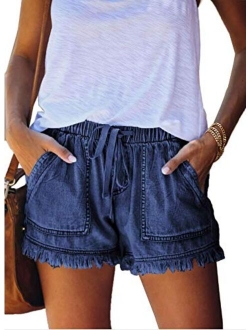 Womens Casual Shorts Summer Drawstring Elastic Waist Comfy Pure Color Short with Pockets