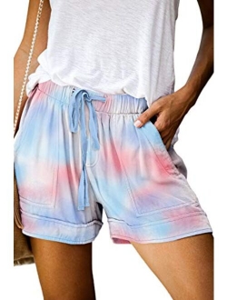 Womens Casual Shorts Summer Drawstring Elastic Waist Comfy Pure Color Short with Pockets