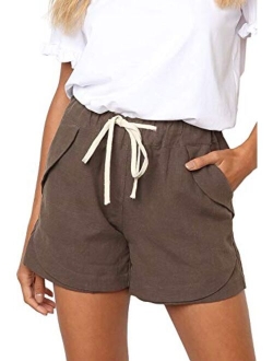 Womens Casual Shorts Summer Drawstring Elastic Waist Comfy Pure Color Short with Pockets