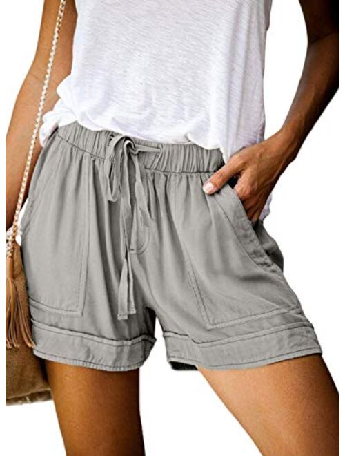 Womens Casual Shorts Summer Drawstring Elastic Waist Comfy Pure Color Short with Pockets