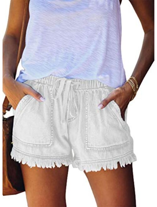 Womens Casual Shorts Summer Drawstring Elastic Waist Comfy Pure Color Short with Pockets