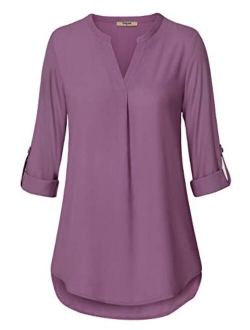 Timeson Women's Casual Chiffon V Neck Cuffed Sleeve Blouse Tops