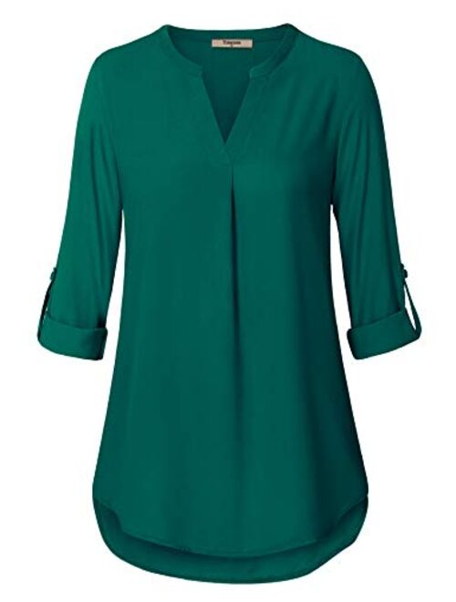 Timeson Women's Casual Chiffon V Neck Cuffed Sleeve Blouse Tops