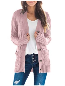 Women's Long Sleeve Cable Knit Sweater Open Front Cardigan Button Loose Outerwear