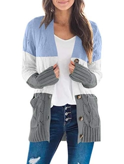 Women's Long Sleeve Cable Knit Sweater Open Front Cardigan Button Loose Outerwear