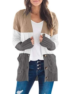 Women's Long Sleeve Cable Knit Sweater Open Front Cardigan Button Loose Outerwear