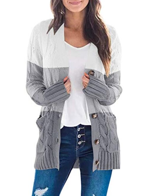 MEROKEETY Women's Long Sleeve Cable Knit Sweater Open Front Cardigan Button Loose Outerwear