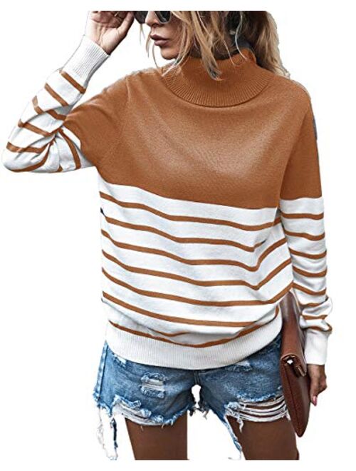 KIRUNDO 2020 Womens Turtleneck Knitted Sweater Long Sleeves Stripe Color Block Patchwork Loose Ribbed Pullover Jumper Tops