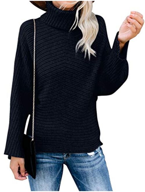 KIRUNDO 2020 Womens Turtleneck Knitted Sweater Long Sleeves Stripe Color Block Patchwork Loose Ribbed Pullover Jumper Tops