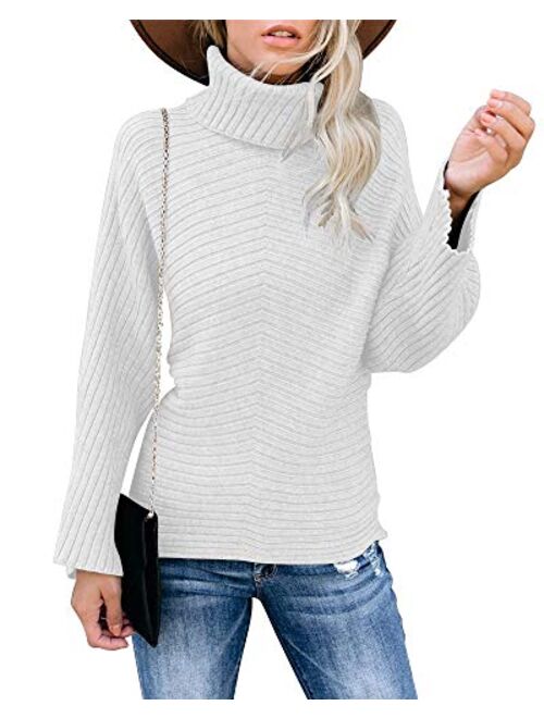 KIRUNDO 2020 Womens Turtleneck Knitted Sweater Long Sleeves Stripe Color Block Patchwork Loose Ribbed Pullover Jumper Tops