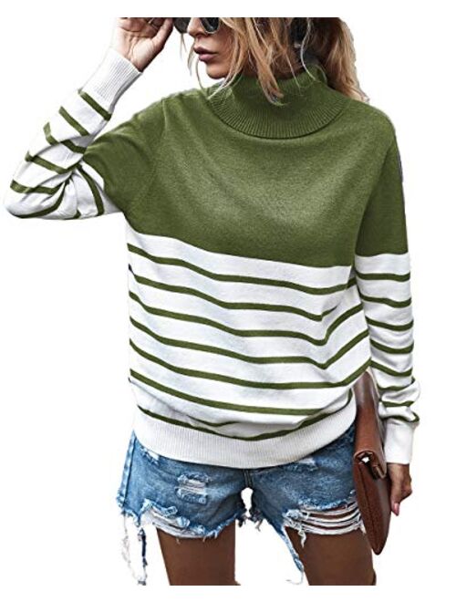 KIRUNDO 2020 Womens Turtleneck Knitted Sweater Long Sleeves Stripe Color Block Patchwork Loose Ribbed Pullover Jumper Tops