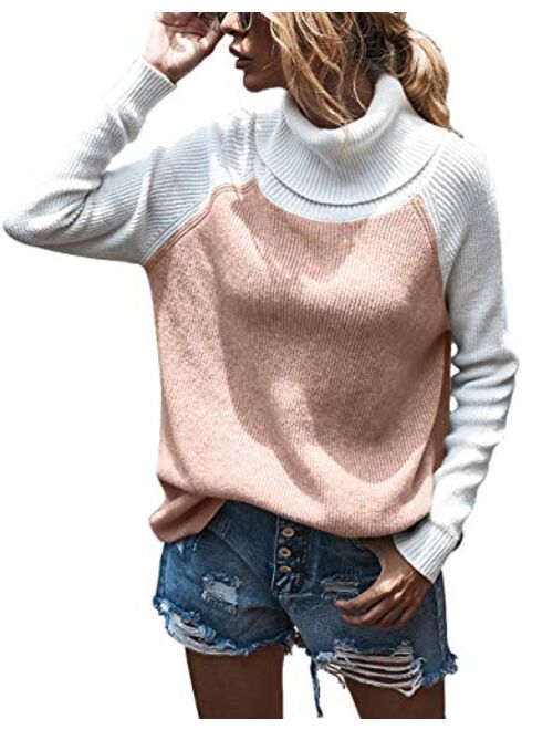 KIRUNDO 2020 Womens Turtleneck Knitted Sweater Long Sleeves Stripe Color Block Patchwork Loose Ribbed Pullover Jumper Tops