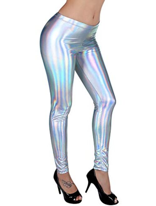 DIAMONDKIT Women Faux Leather Leggings Wet Look Metallic Waist Legging Pants Trousers