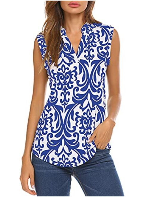 Halife Women's Long Sleeve/Sleeveless Floral Print V Neck Henley Tops Blouse Shirts Tunic