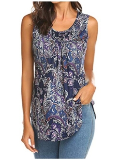 Halife Women's Paisley Printed Pleated Sleeveless Blouse Shirt Casual Flare Tunic Tank Top