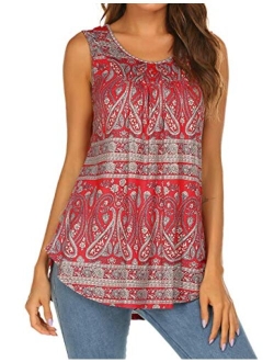 Halife Women's Paisley Printed Pleated Sleeveless Blouse Shirt Casual Flare Tunic Tank Top