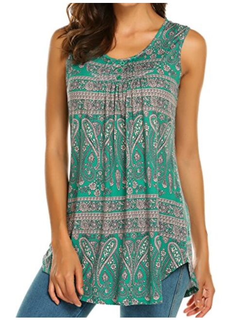 Halife Women's Paisley Printed Pleated Sleeveless Blouse Shirt Casual Flare Tunic Tank Top