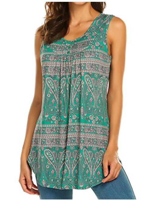 Halife Women's Paisley Printed Pleated Sleeveless Blouse Shirt Casual Flare Tunic Tank Top