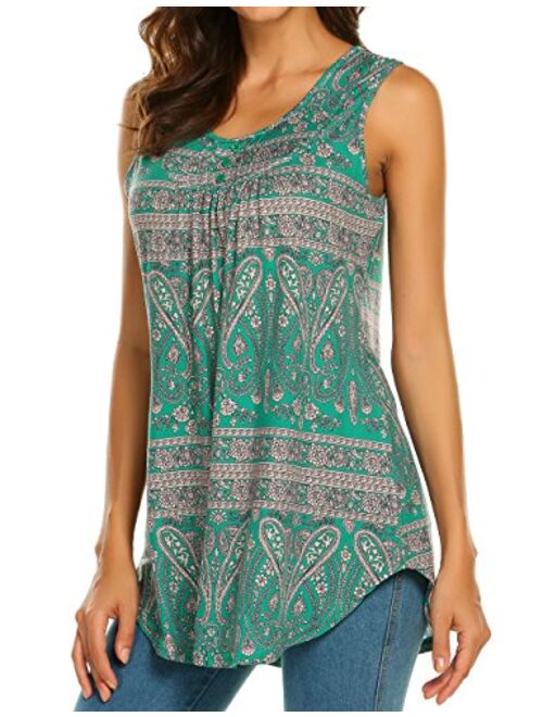 Halife Women's Paisley Printed Pleated Sleeveless Blouse Shirt Casual Flare Tunic Tank Top