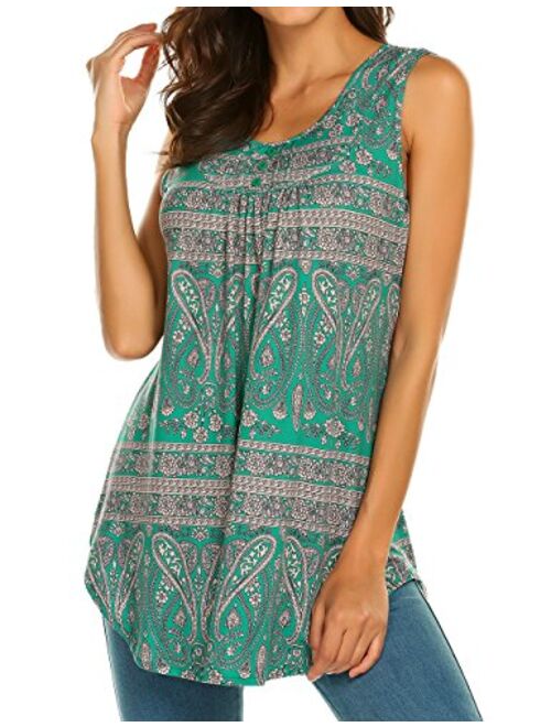 Halife Women's Paisley Printed Pleated Sleeveless Blouse Shirt Casual Flare Tunic Tank Top