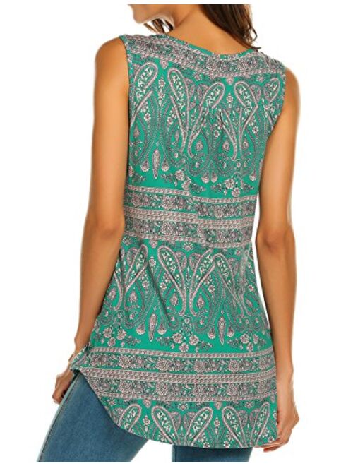 Halife Women's Paisley Printed Pleated Sleeveless Blouse Shirt Casual Flare Tunic Tank Top