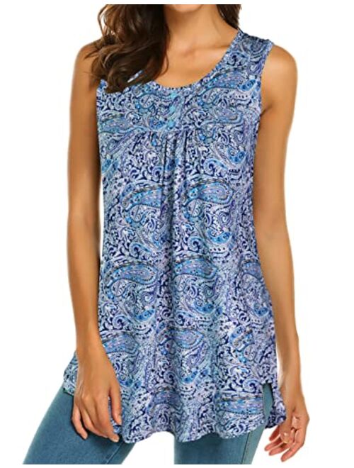 Halife Women's Paisley Printed Pleated Sleeveless Blouse Shirt Casual Flare Tunic Tank Top