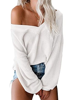 ReachMe Women's Oversized Off Shoulder Pullover Tops Long Sleeve Loose Fit Waffle Knit Tops