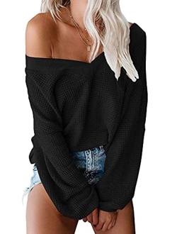 ReachMe Women's Oversized Off Shoulder Pullover Tops Long Sleeve Loose Fit Waffle Knit Tops