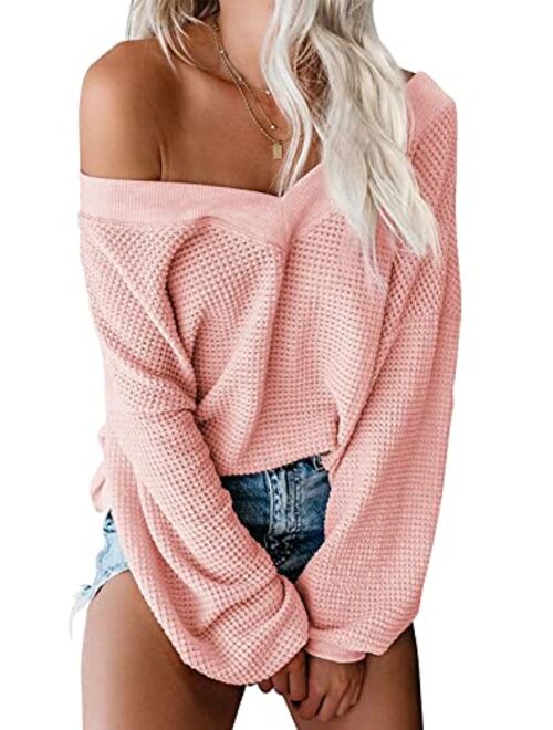 ReachMe Women's Oversized Off Shoulder Pullover Tops Long Sleeve Loose Fit Waffle Knit Tops