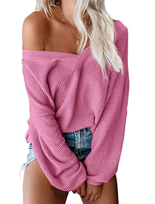 ReachMe Women's Oversized Off Shoulder Pullover Tops Long Sleeve Loose Fit Waffle Knit Tops