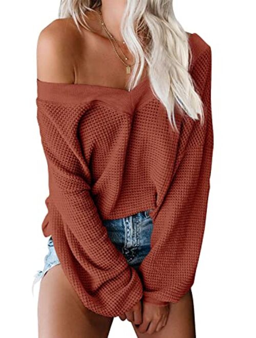 ReachMe Women's Oversized Off Shoulder Pullover Tops Long Sleeve Loose Fit Waffle Knit Tops