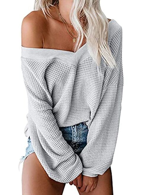 ReachMe Women's Oversized Off Shoulder Pullover Tops Long Sleeve Loose Fit Waffle Knit Tops