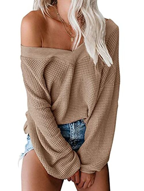 ReachMe Women's Oversized Off Shoulder Pullover Tops Long Sleeve Loose Fit Waffle Knit Tops