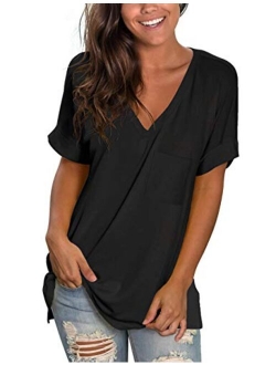 NSQTBA Womens Basic V Neck T Shirts Rolled Short Sleeve Summer Casual Tops with Pocket S-2XL