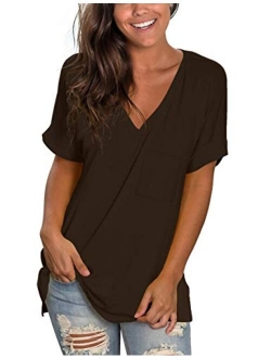 NSQTBA Womens Basic V Neck T Shirts Rolled Short Sleeve Summer Casual Tops with Pocket S-2XL