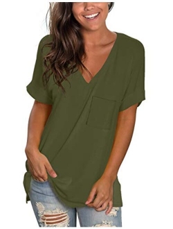 NSQTBA Womens Basic V Neck T Shirts Rolled Short Sleeve Summer Casual Tops with Pocket S-2XL