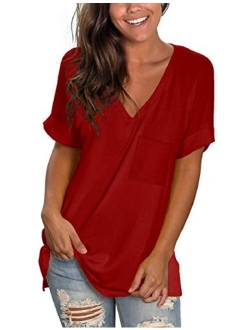 NSQTBA Womens Basic V Neck T Shirts Rolled Short Sleeve Summer Casual Tops with Pocket S-2XL