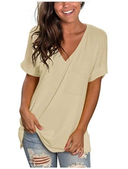 NSQTBA Womens Basic V Neck T Shirts Rolled Short Sleeve Summer Casual Tops with Pocket S-2XL