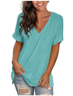 NSQTBA Womens Basic V Neck T Shirts Rolled Short Sleeve Summer Casual Tops with Pocket S-2XL