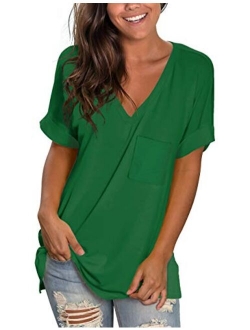 NSQTBA Womens Basic V Neck T Shirts Rolled Short Sleeve Summer Casual Tops with Pocket S-2XL